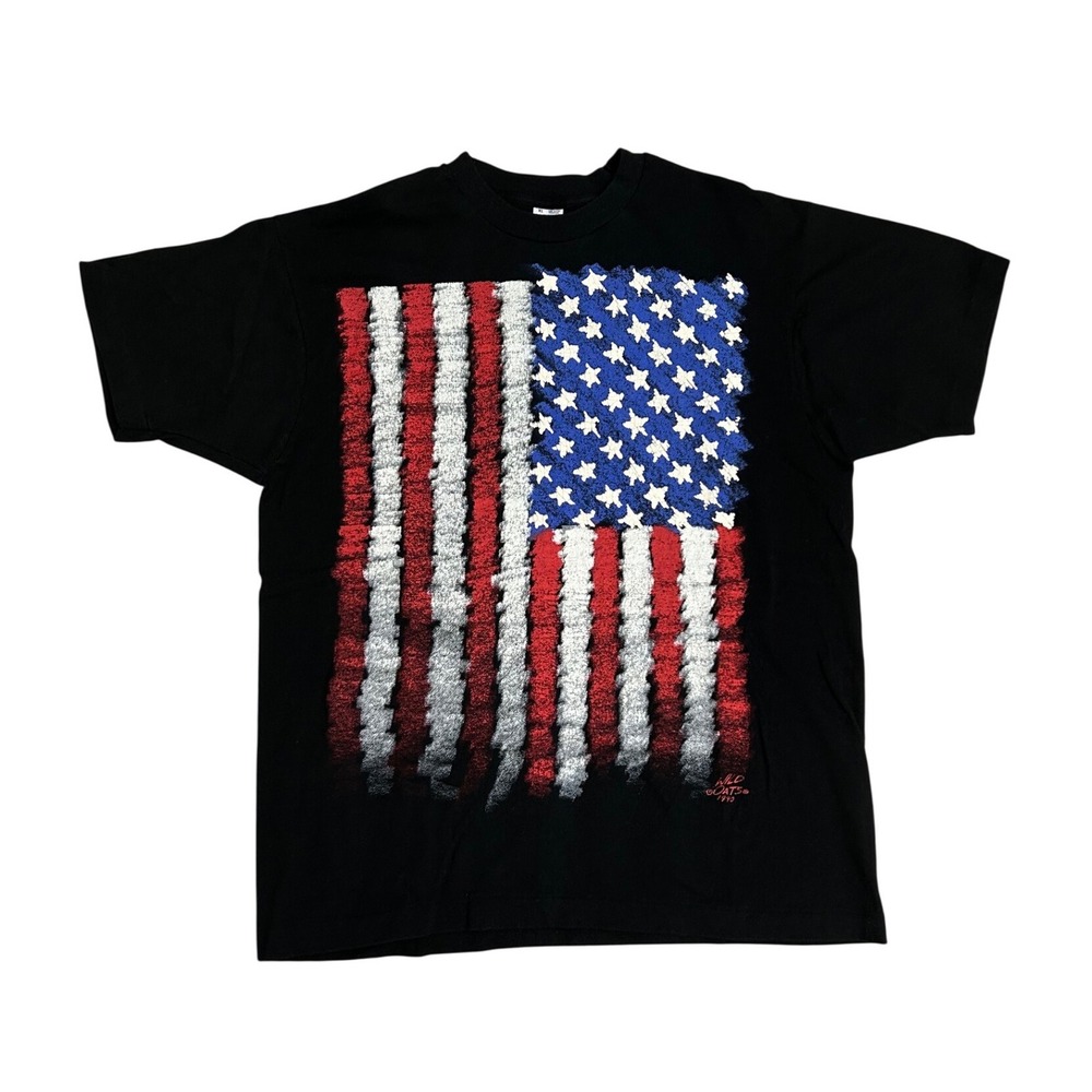 Vtg 90s Wild Oats American Flag T-Shirt XL Black Fruit of the Loom USA patriotic